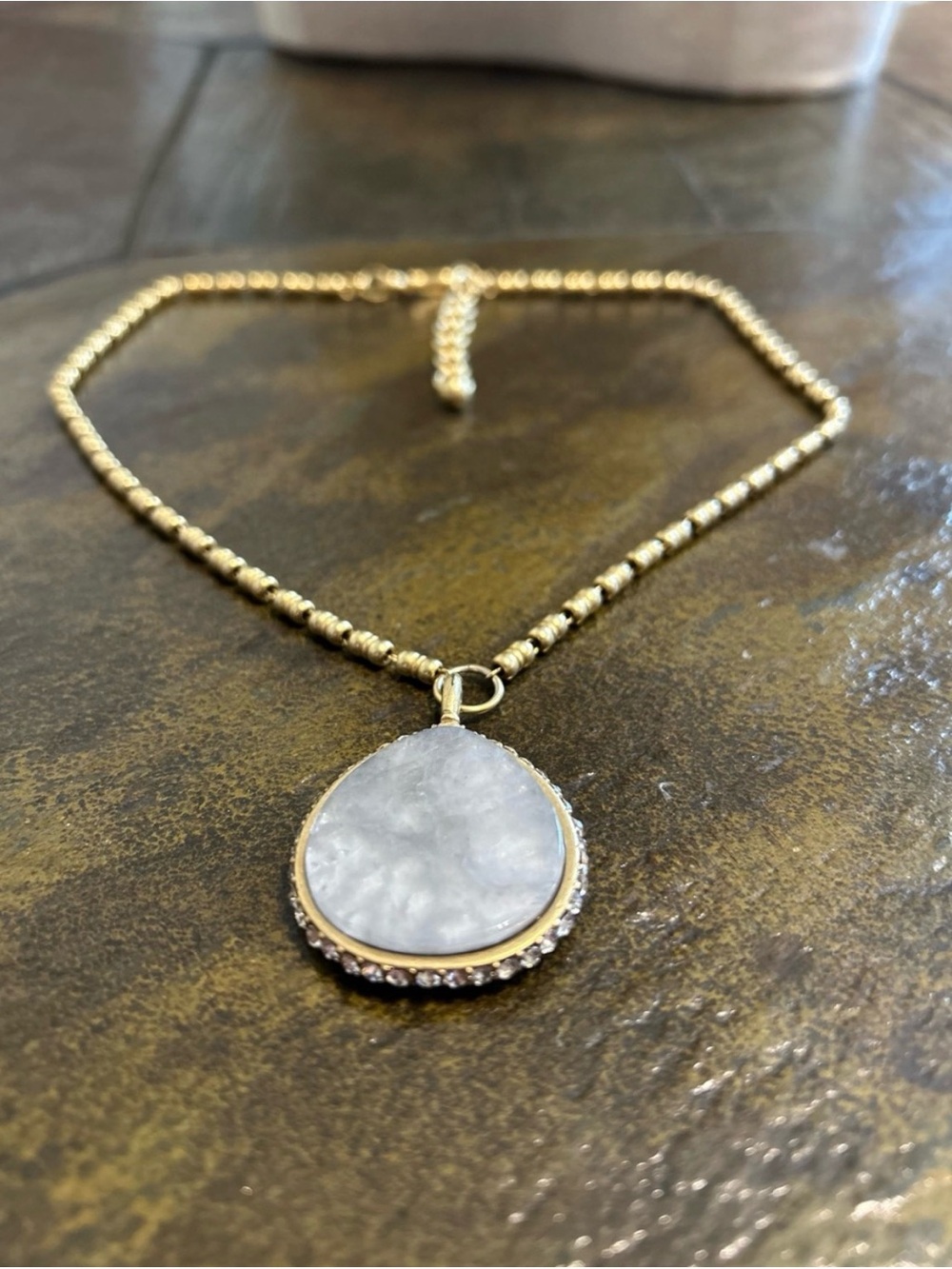 Gold Tone Necklace with Gray Acrylic Teardrop Pendant w/ Rhinestones - 12 inches